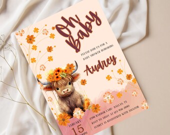 Highland Cow Baby Shower Invitation, Farm Animal Printable Invitation, Editable Holy Cow Baby Shower Invitation, Cowboy Baby Shower Invite