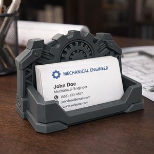 May include: A grey, industrial-style business card holder with a gear design, holding white cards. The cards display the text "MECHANICAL ENGINEER" and contact information. Pens and a wire mesh pen holder are in the background.