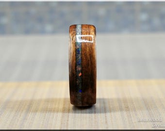 Bentwood Ring: Quartersawn Mozambique, offset inlaid Ethiopian Opal, Tungsten Carbide core, wood ring