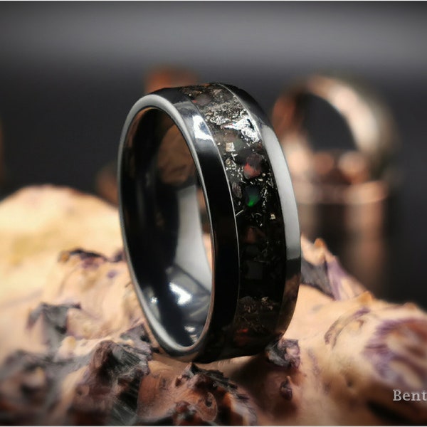 Zirconium Ring, inlaid Canyon Genuine Diablo Meteorite, Dino Bone, and Welo Opal, Zirconium core, metal ring