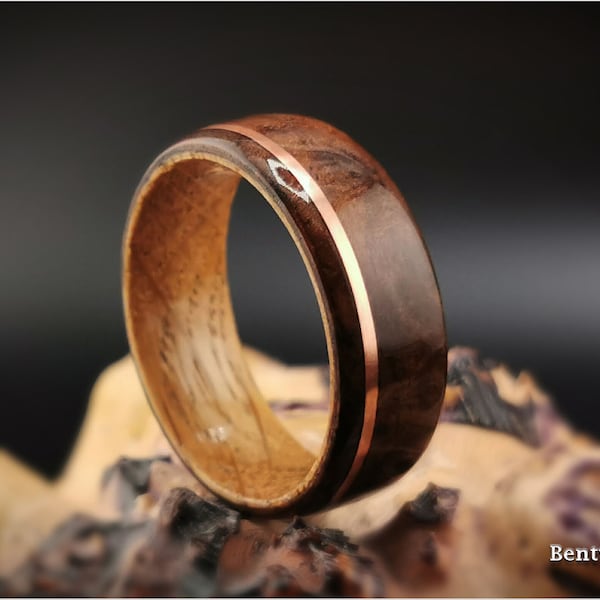 Bentwood Ring: Walnut Burl, offset inlaid Copper Wire, Whisky Barrel Oak core, wood ring