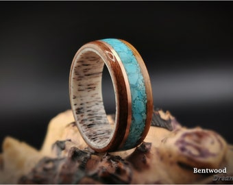 Bentwood Ring: Quartersawn Etimoe, inlaid Kingman Turquoise, inlaid Copper Wire, Deer Antler core, wood ring