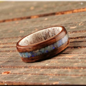 Bentwood Ring: Mangowood, inlaid Genuine Australian Cream Opal, Deer Antler core - wood ring image 1
