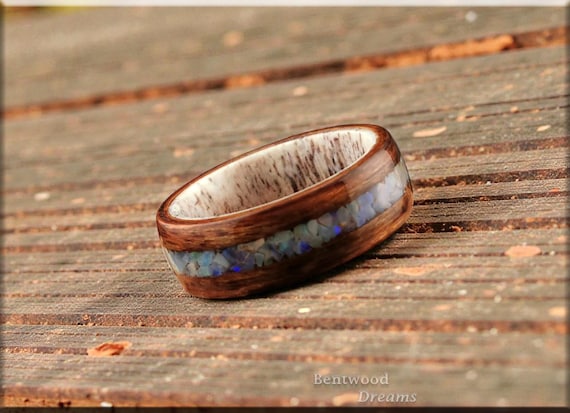 Bentwood Ring: Mangowood, inlaid Genuine Australian Cream Opal, Deer Antler core - wood ring