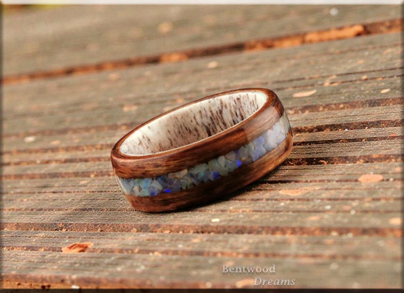Bentwood Ring: Mangowood, inlaid Genuine Australian Cream Opal, Deer Antler core - wood ring image 1