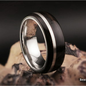 Bentwood Ring: Ebony, offset inlaid wide Sterling Silver, Polished Cobalt Chrome core, wood ring