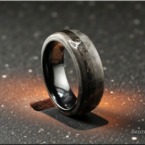 Bentwood Ring: Grey Maple, offset inlaid Muonionalusta Meteorite, Black Zirconium core, wood ring