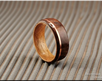 Bentwood Ring: Walnut Burl, offset inlaid Copper Wire, Whisky Barrel Oak core, wood ring