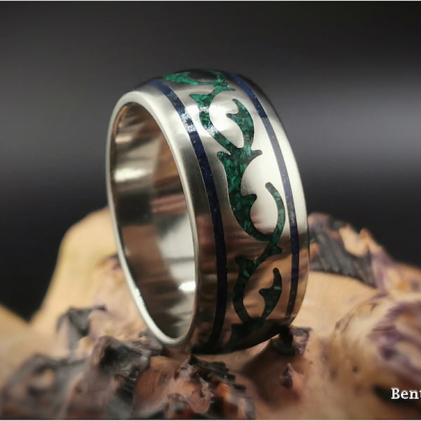 Titanium Viking Ring, inlaid Green Malachite and Lapis Lazuli, Premium Grade 5 Titanium core, metal ring