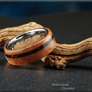 Bentwood Ring: Madrone Burl, offset inlaid Lab Opal, polished Tungsten Carbide core