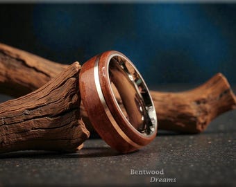 Bentwood Ring: Redwood, offset inlaid Sterling Silver, Polished Titanium core, wood ring