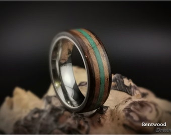 Bentwood Ring: Smoked Etimoe, inlaid Hawaiian Koa, inlaid Green Malachite, Polished Titanium core, wood ring