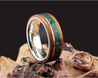Bentwood Ring: English Brown Oak, dual inlaid Copper and Green Malachite, Polished Sterling Silver core - wood ring