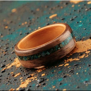 Bentwood Ring: Curly Walnut, offset inlaid Chrysocolla, Pearwood core, wood ring