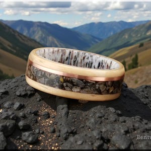 Bentwood Ring: Rare Birdseye Pine, Allosaurus Bone and Copper Wire, Ceramic Core