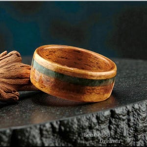 Bentwood Ring: Quartersawn Etimoe, offset inlaid Buddstone, wood ring