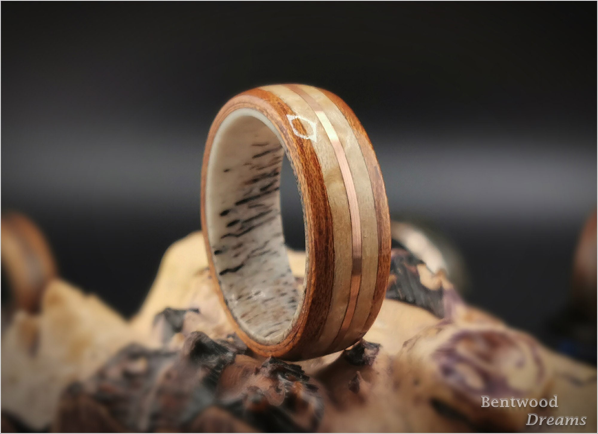 Bentwood Ring: Quartersawn Spanish Cedar, inlaid Birdseye Maple, inlaid Copper Wire, Deer Antler core, wood ring