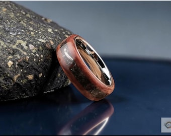 Redwood Burl Bentwood Ring: Brenham Meteorite & Garnet Inlay, Tungsten Carbide Core