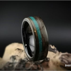 Bentwood Ring: Ancient Bog Oak, offset inlaid Dark Chrysocolla, Polished Black Ceramic core, wood ring