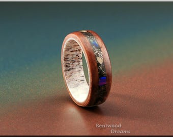 Redwood Burl Bentwood Ring: Megalodon Tooth, Meteorite, Opal, Antler Core