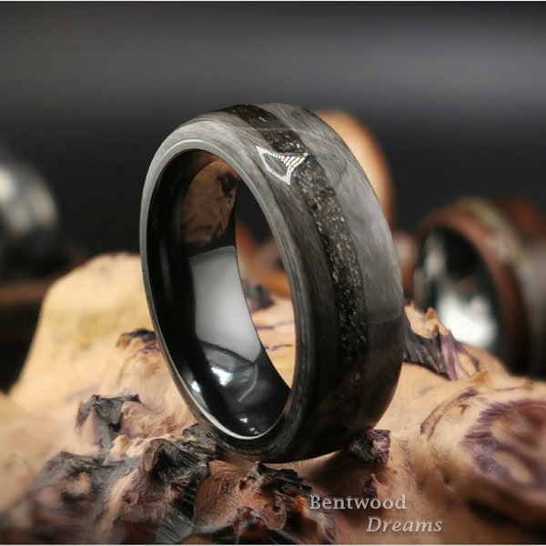 Bentwood Ring: Grey Maple, offset inlaid Muonionalusta Meteorite, Black Zirconium core, wood ring