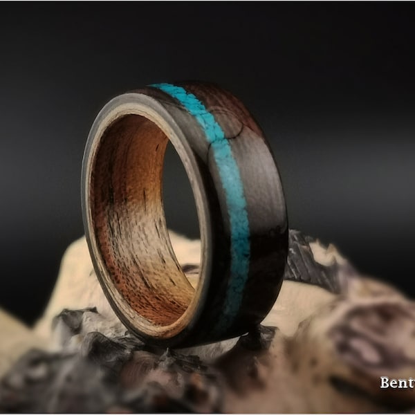 Bentwood Ring: Smoked Etimoe, offset inlaid Chilean Turquoise, Quartersawn Etimoe wood core, wood ring