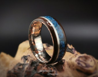 Bentwood Ring: Smoked Etimoe, dual inlaid Sterling Silver and Shattuckite, Superconductor core - wood ring