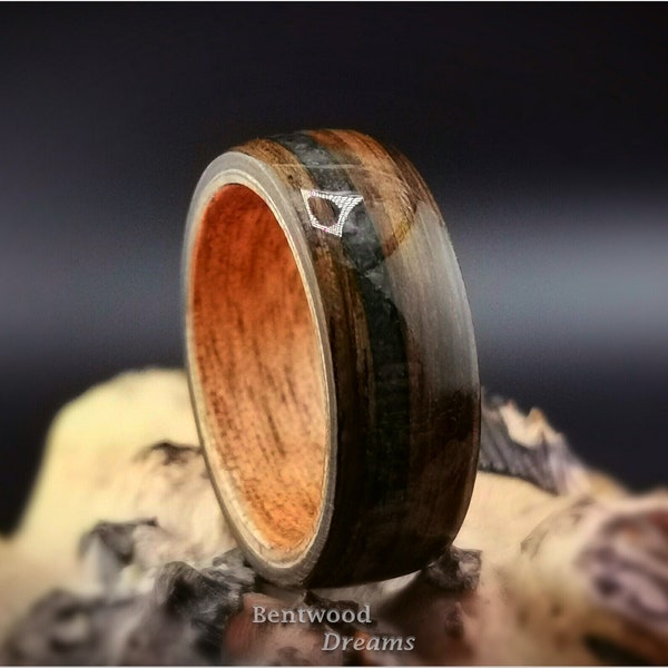 Bentwood Ring: Ancient Bog Oak, offset inlaid Green Jasper, bentwood Figured Gaboon wood core, wood ring