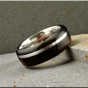 Bentwood Ring: Ebony, offset inlaid wide Sterling Silver, Polished Cobalt Chrome core, wood ring