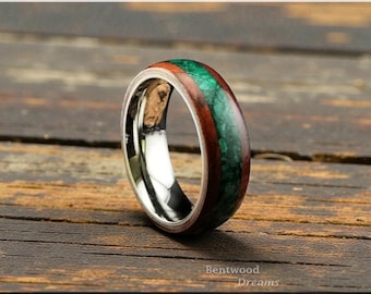 Bentwood Ring: Redwood Burl, inlaid Green Malachite, Polished Titanium core, wood ring