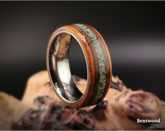Bentwood Ring: Spanish Cedar, inlaid Curly Walnut, inlaid Green Turquoise, Polished Titanium core, wood ring