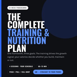 Puede incluir: Un folleto gráfico negro titulado 12-WEEK PROGRAMME THE COMPLETE TRAINING & NUTRITION PLAN. Incluye el texto One framework, three goals, 4 SESSIONS, 60-75 MIN, PUSH / PULL / FULL BODY y un botón azul con QR → STRAIGHT TO YOUR PHONE.