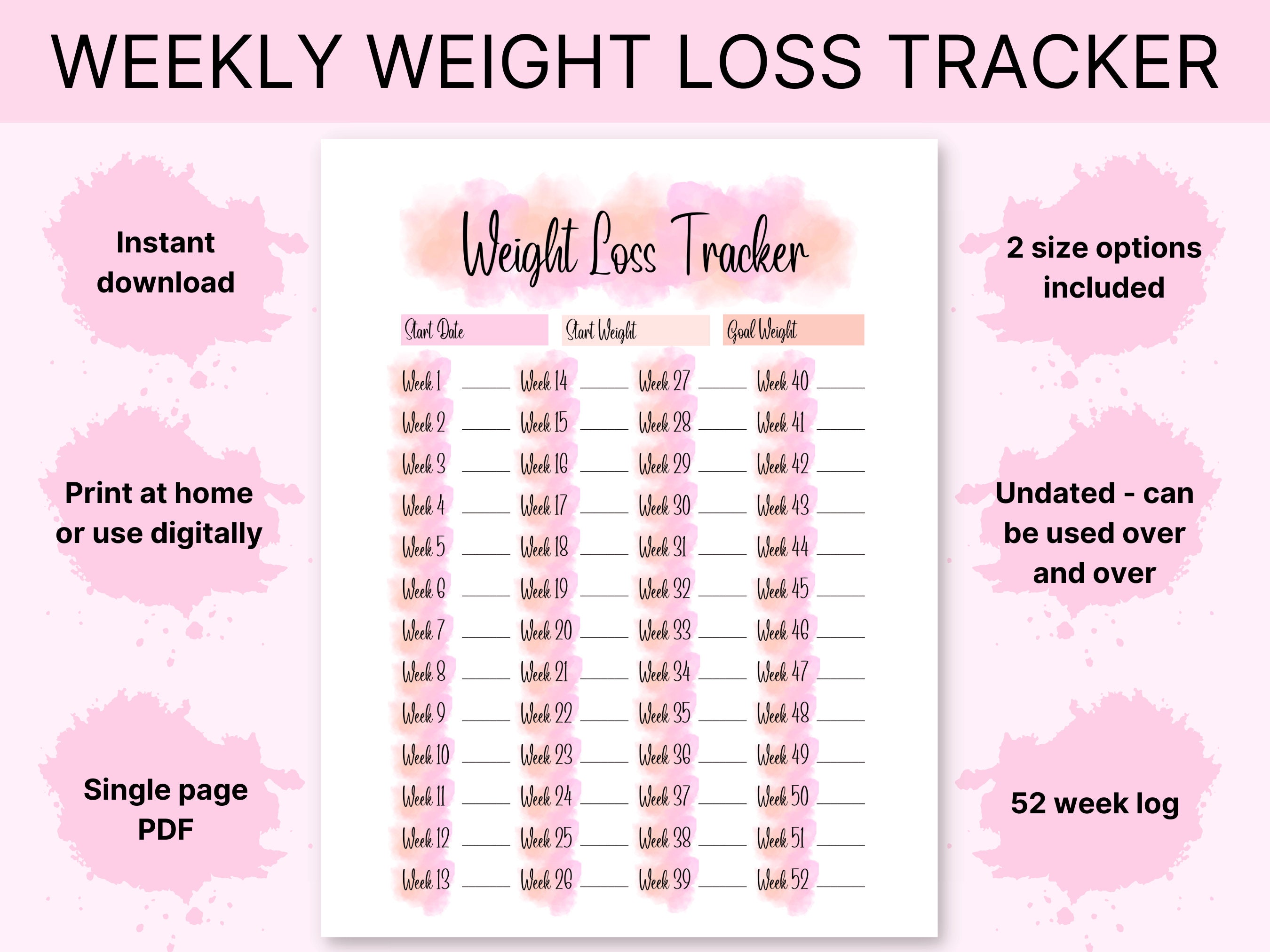 Weight Loss Tracker Printable Digital Weight Loss Journal Weekly Weigh ...