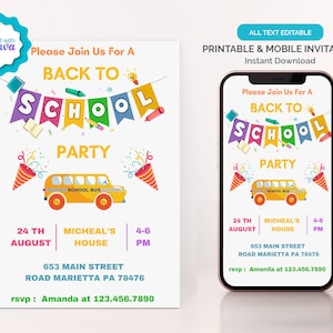 Back To School Party Invitation, Editable Template Back To School Invitation, Digital End Of Summer Party Invitation, Back To School Bash