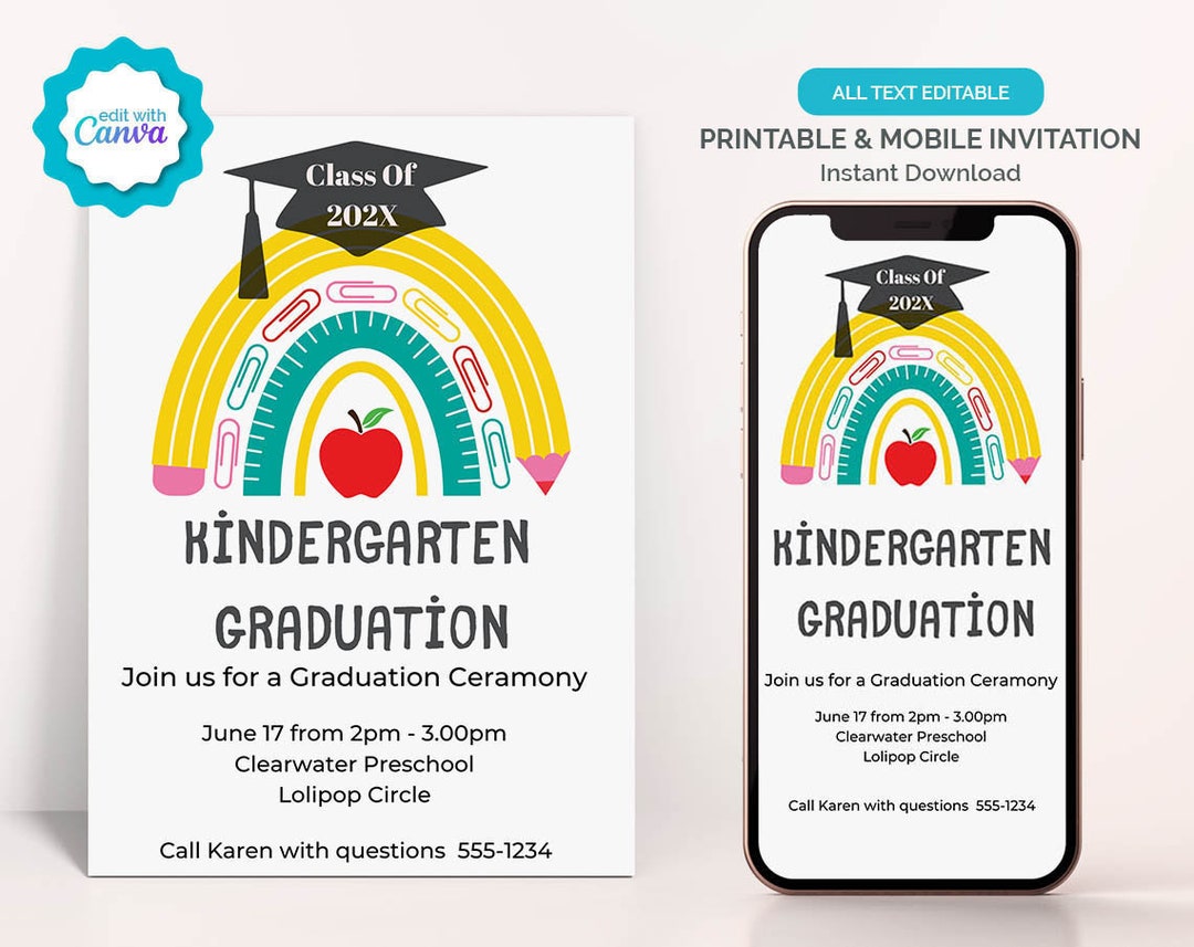 Kindergarten Graduation Invitation Editable Template, Kindergarten