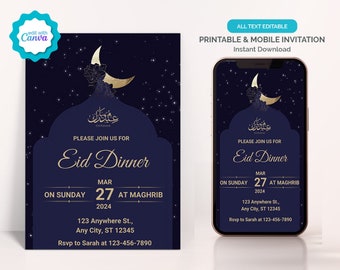 Puede incluir: Una invitación imprimible y móvil para una cena de Eid. La invitación presenta una luna creciente y estrellas sobre un fondo azul oscuro. El texto dice "Por favor, únase a nosotros para la cena de Eid" e incluye la fecha, la hora y la ubicación. La invitación es editable y se puede descargar instantáneamente.