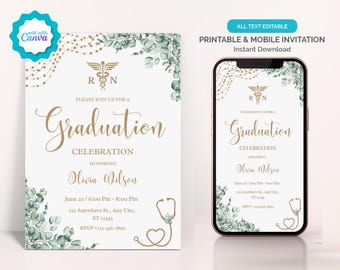 Greenery Krankenschwester Graduierung Einladung, Digital Nursing Abschluss Party Einladung, RN Graduierung Einladen, Krankenschwester Ankündigung