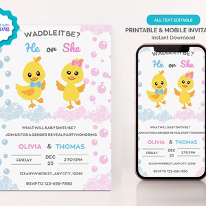 Duck Waddle It Be Gender Reveal Invitation, Waddle It Be Invitation, He or She, Boy or Girl, Electronic invitation, Phone Invitation
