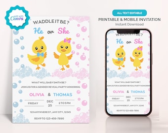 Duck Waddle It Be Gender Reveal-uitnodiging, Waddle It Be-uitnodiging, hij of zij, jongen of meisje, elektronische uitnodiging, telefoonuitnodiging