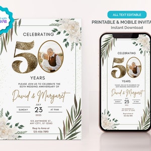 50th Wedding Anniversary Invitation, Gold Greenery 50th Anniversary Invitation, Digital Photo Anniversary Invitation Template, With Photo