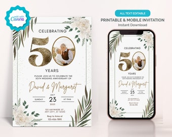 50th Wedding Anniversary Invitation, Gold Greenery 50th Anniversary Invitation, Digital Photo Anniversary Invitation Template, With Photo
