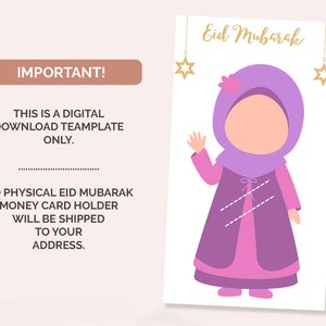 May include: A printable digital template featuring a cartoon illustration of a girl wearing a pink dress and a purple headscarf. The text "Eid Mubarak" is at the top of the image.