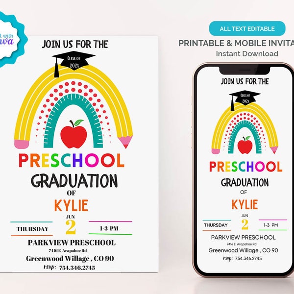 Preschool Graduation Invitation, Editable Kindergarten Graduation 2023 Announcement, Printable Kindergarten Graduation Ceremony Invitation
