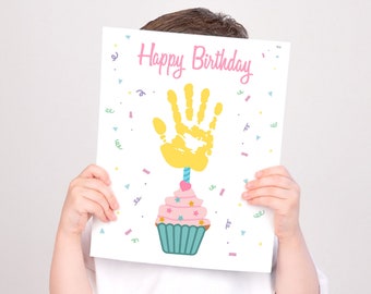 Cupcake verjaardag handafdruk kunst, voorschoolse ambacht voor peuters, DIY handafdruk baby aandenken, moeder oma vader verjaardag handafdruk