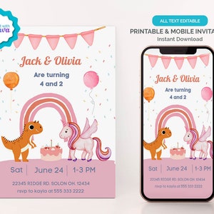 Digital or Printable Unicorn and Dinosaur Birthday Invitation, Editable Joint Birthday Invitation, Rainbow Twin Birthday Party Invitation