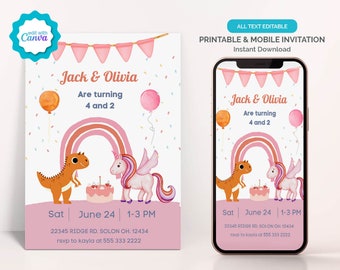Digital or Printable Unicorn and Dinosaur Birthday Invitation, Editable Joint Birthday Invitation, Rainbow Twin Birthday Party Invitation