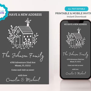 Könnte beinhalten: Druckbare und mobile Einladung mit einer Haus-Illustration in Weiß auf dunkelgrauem Hintergrund. Der Text lautet "Wir haben eine neue Adresse" und enthält den Namen der Familie Johnson, die Adresse und eine Nachricht, um uns zu besuchen. Die Einladung ist editierbar und enthält den Text "mit Liebe, Camelia & Micheal".