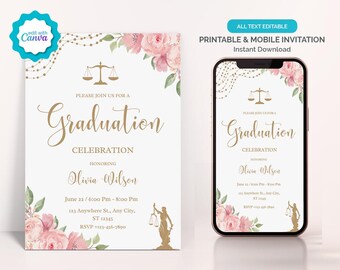 Floral Law School Graduation Party Invitation, Law Graduation Invite, Editable Graduation Announcement Invite, Graduation Juris Doctorate