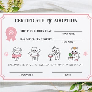 Editable Pet Adoption Certificate, Cat Adoption Certificate, Kitty Cat Pet Birthday Digital 7x5 Printable Template, Cat Pawty Favor Kittens