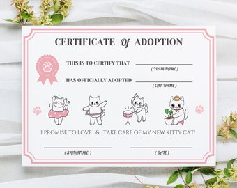 Editable Pet Adoption Certificate, Cat Adoption Certificate, Kitty Cat Pet Birthday Digital 7x5 Printable Template, Cat Pawty Favor Kittens